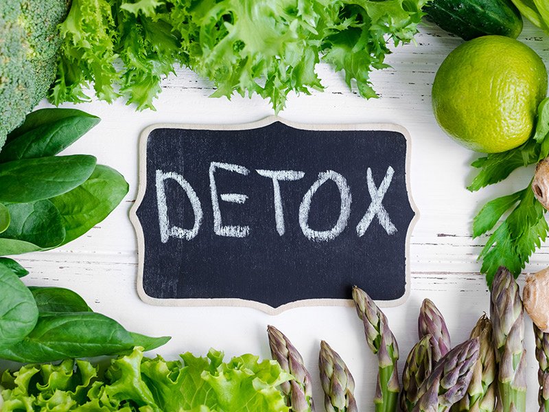 Life Extension, a small blackboard on a white table saying DETOX surrounded by green vegetables, lettuce, and lime.